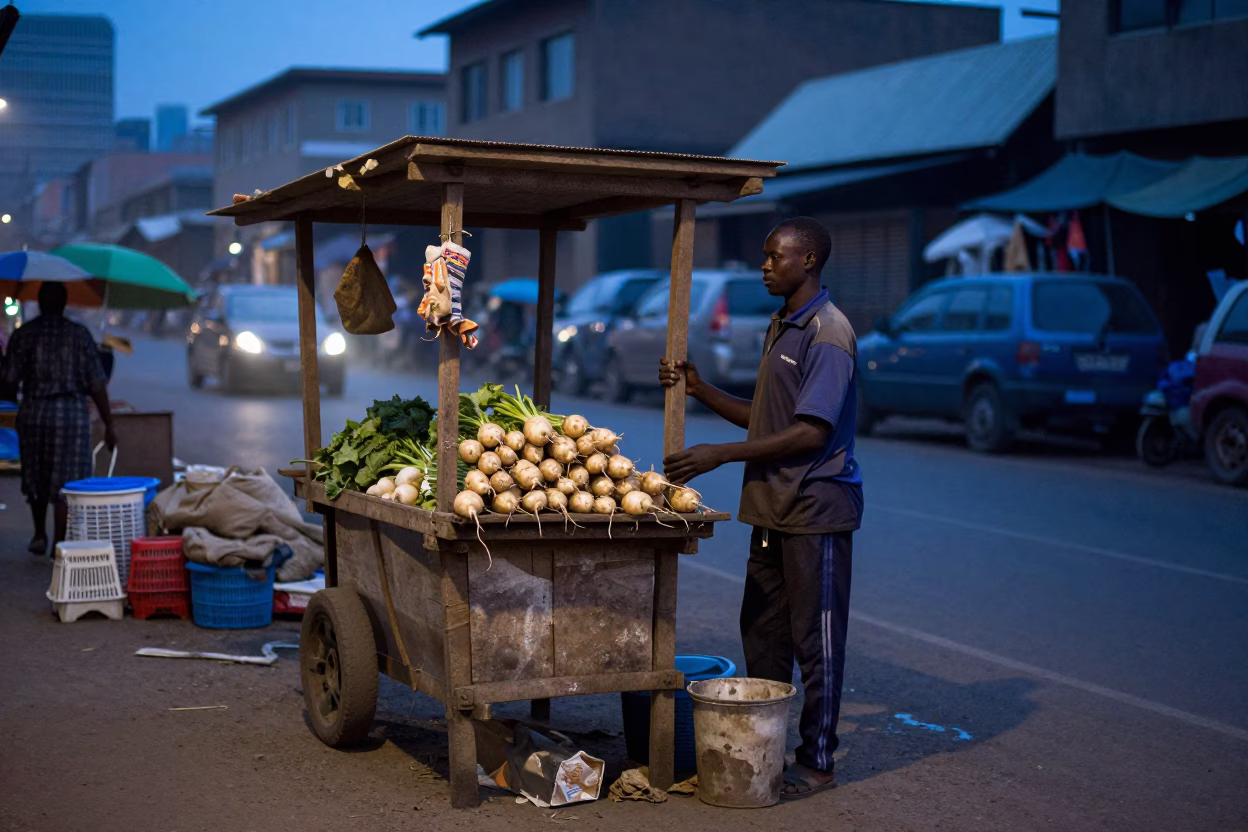 Predawn Nairobi Street Vendor with Turnips and Dusty Market Stall in in Nairobi, Kenya