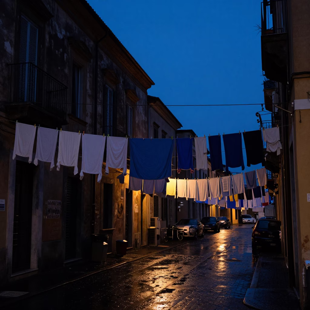 Predawn Naples Italy Laundry Line With Pins And Monorail Silhouette in in Naples, Italy