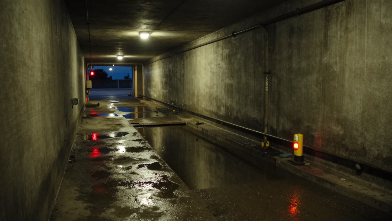 Predawn Naples Italy Service Tunnel Sump Reflections and Blinking Indicators in Dark in in Naples, Italy