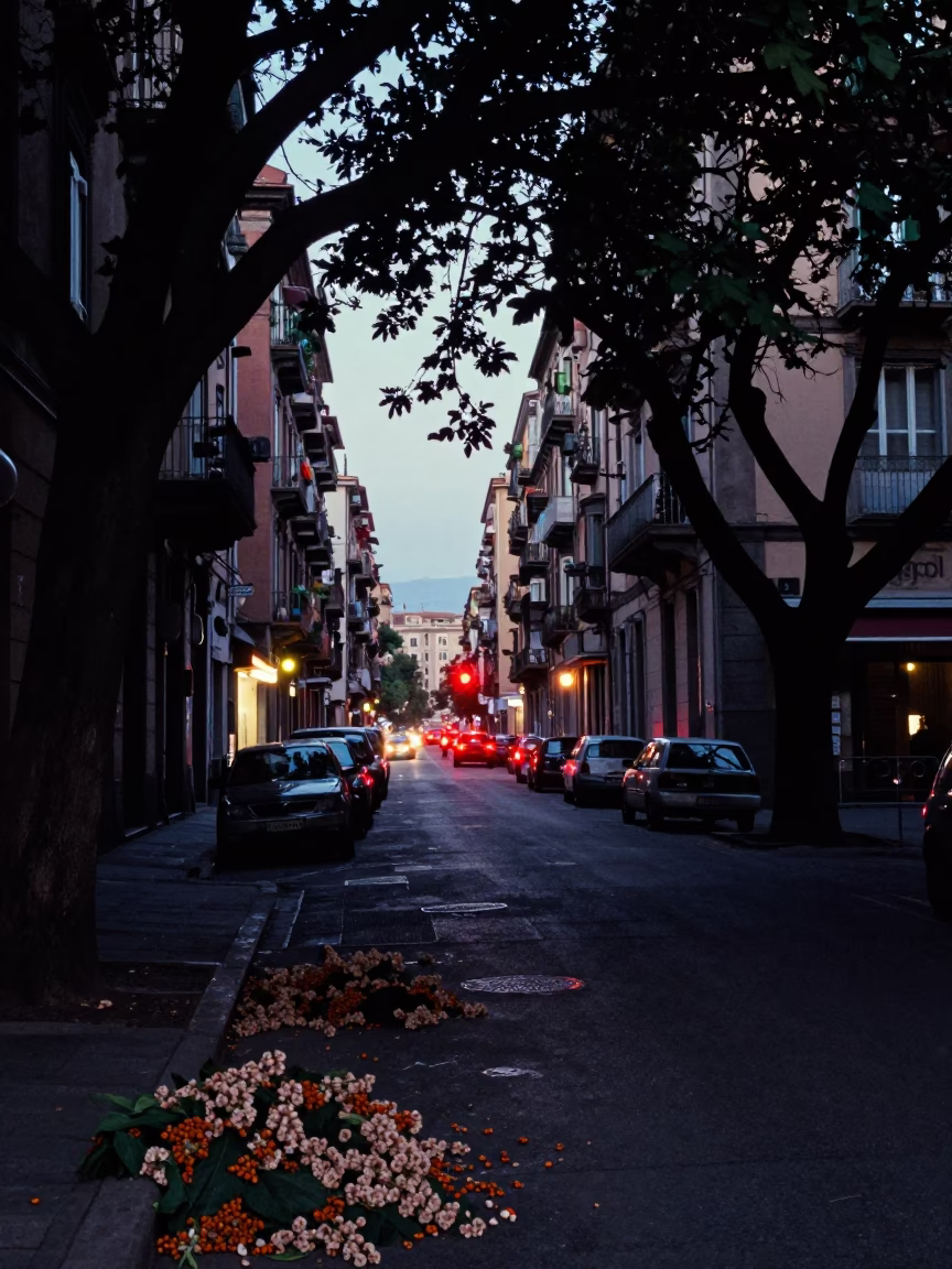 Predawn Naples Italy Street Scene with Chestnut Tree Husks and Urban Night Ambience in in Naples, Italy