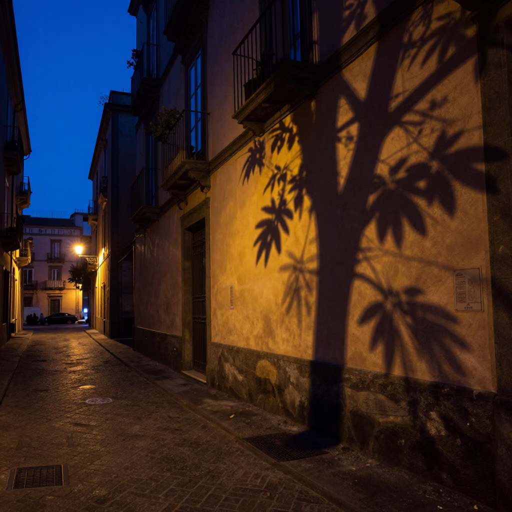 Predawn Naples Italy Street Scene with Leaf Shadows on Wall in Darkness in in Naples, Italy