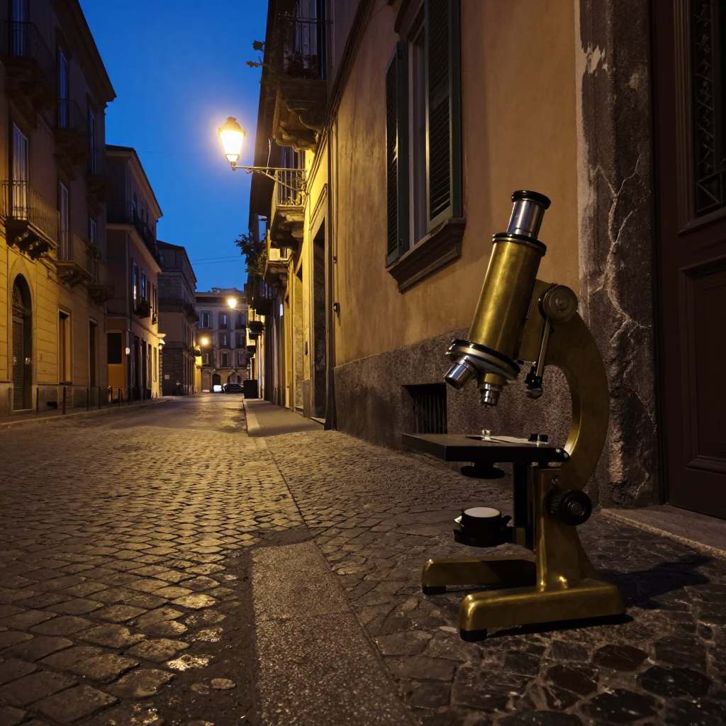 Predawn Naples Italy Street Scene with Vintage Brass Microscope and Tea Towel in in Naples, Italy