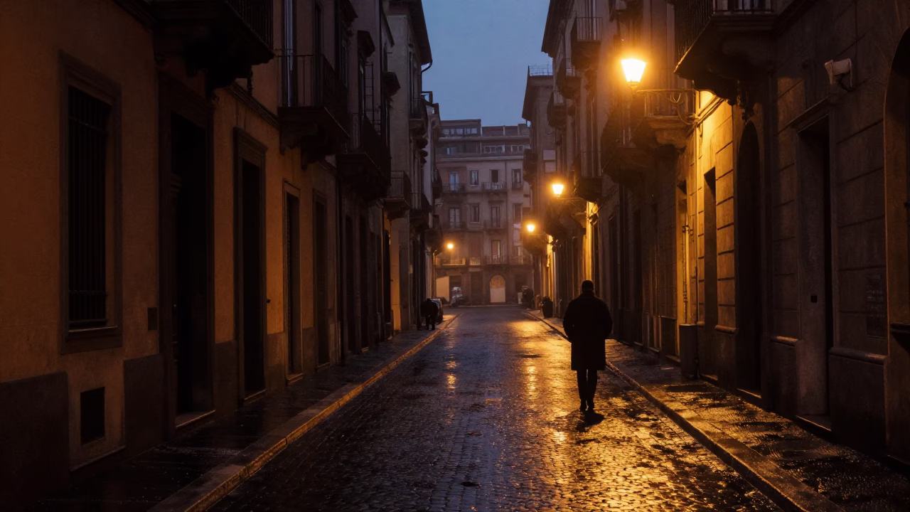 Predawn Naples Italy street scene with wet pavement and distant city lights in in Naples, Italy