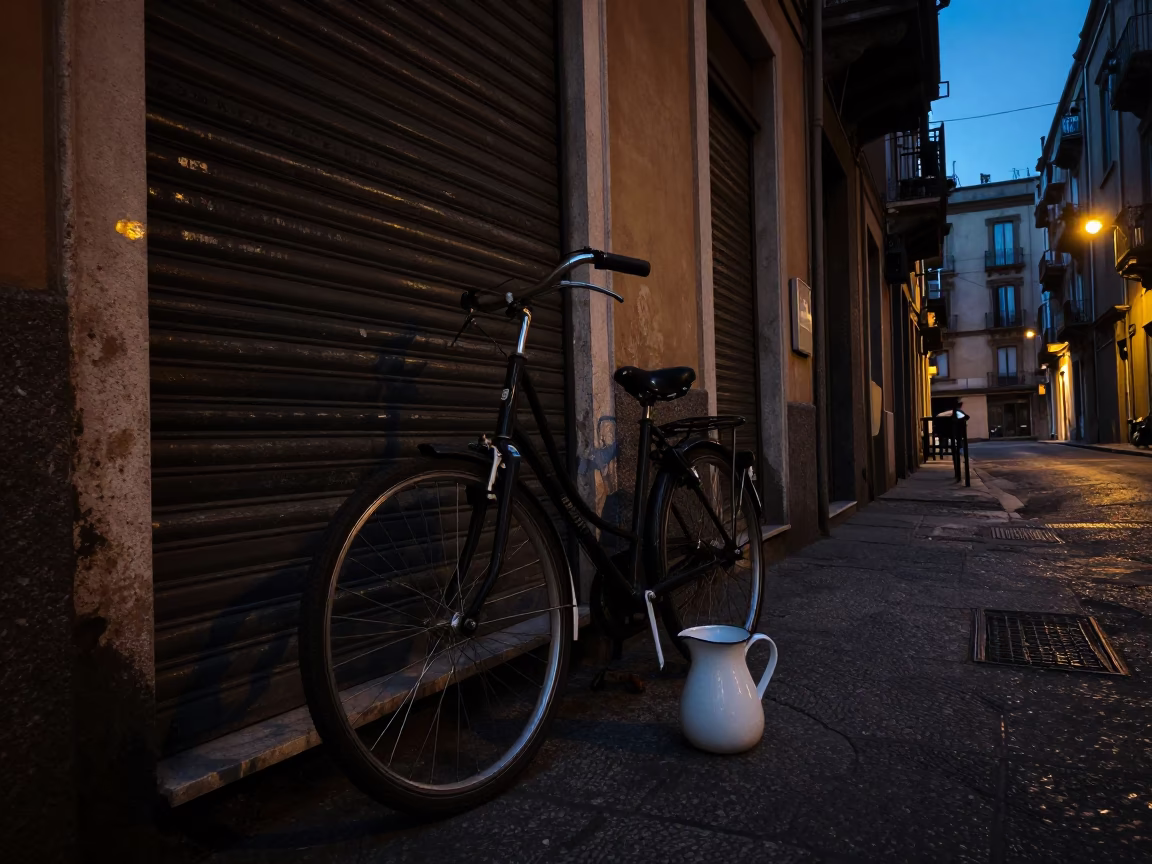 Predawn Naples Street Scene with Bicycle and Enamel Pitcher in Low Light in in Naples, Italy