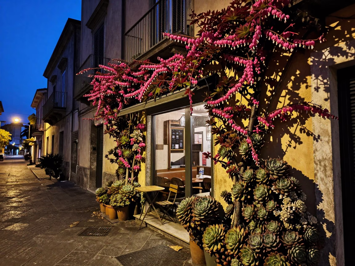 Predawn Naples Street Scene with Bleeding Heart Vine and Urban Architecture in in Naples, Italy