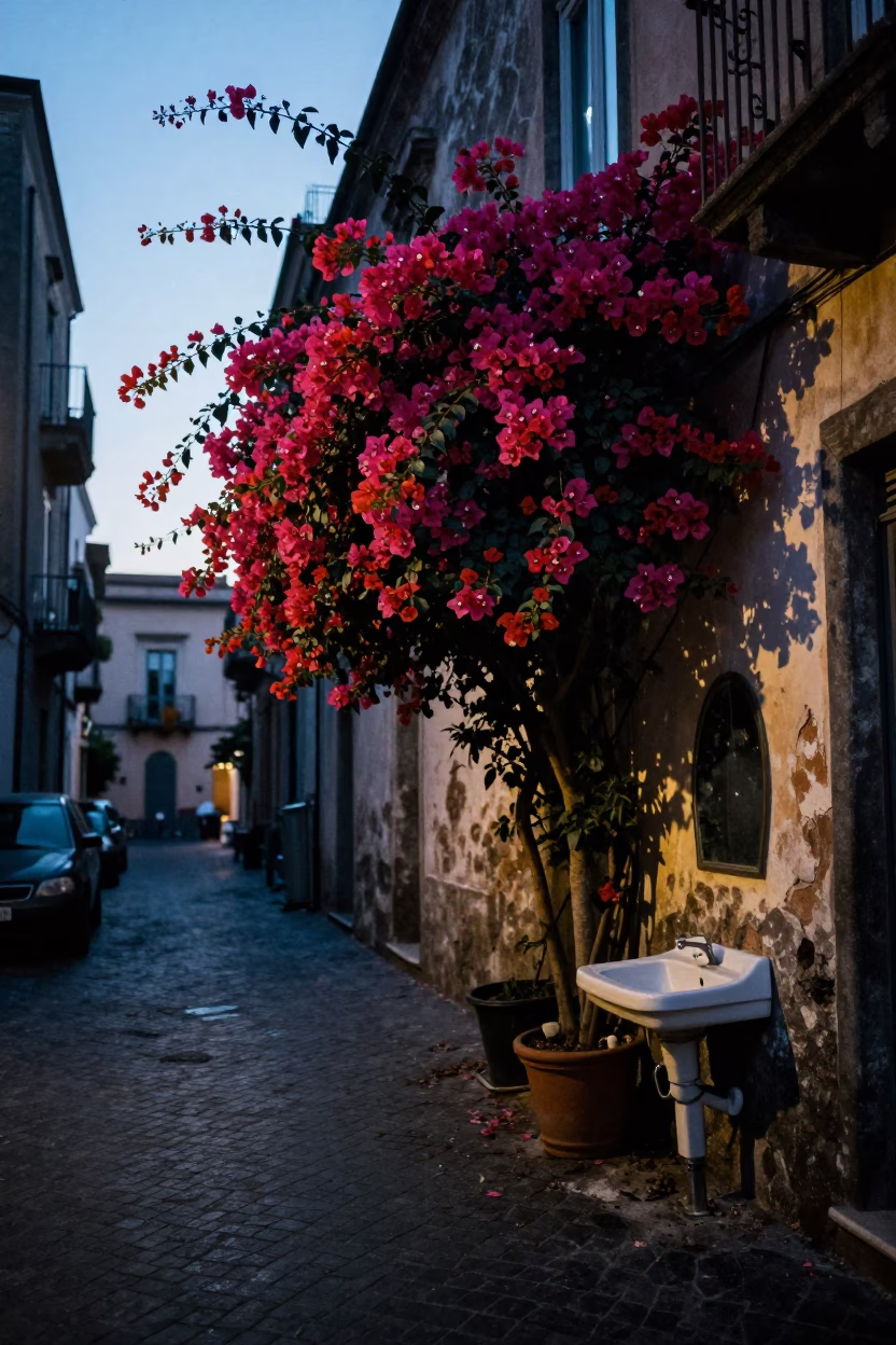 Predawn Naples Street Scene with Bougainvillea and Wash Basin in Early Morning Light in in Naples, Italy