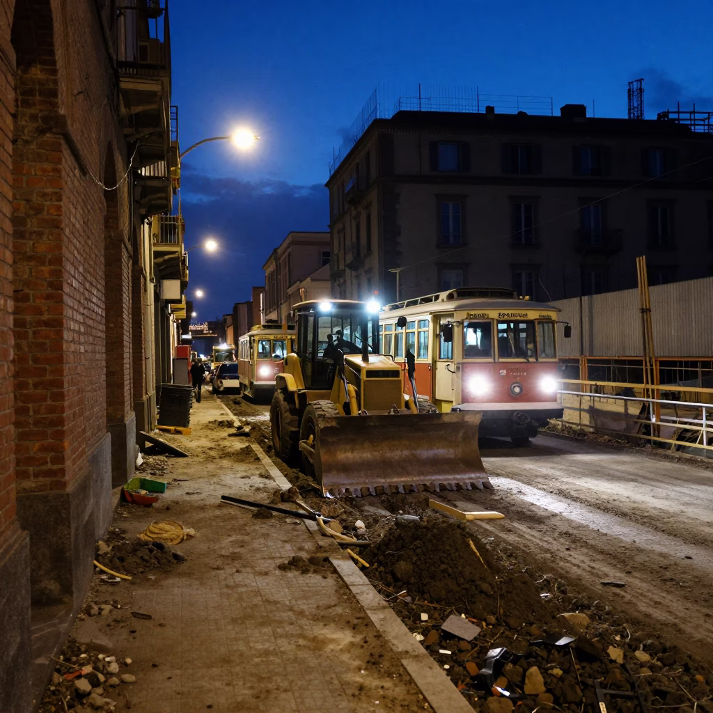 Predawn Naples Street Scene with Cable Car and Construction Activity in in Naples, Italy