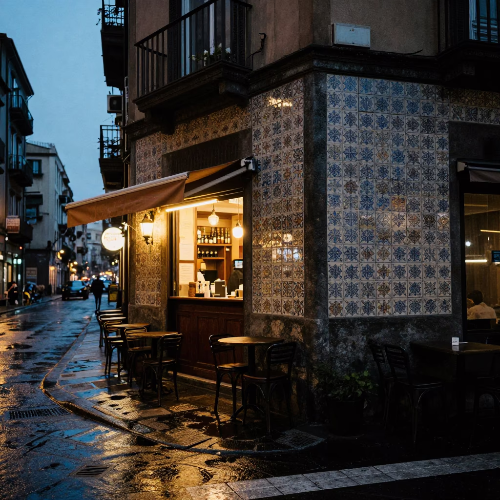 Predawn Naples Street Scene with Ceramic Tiles and Bar Stools Under Dim Light in in Naples, Italy