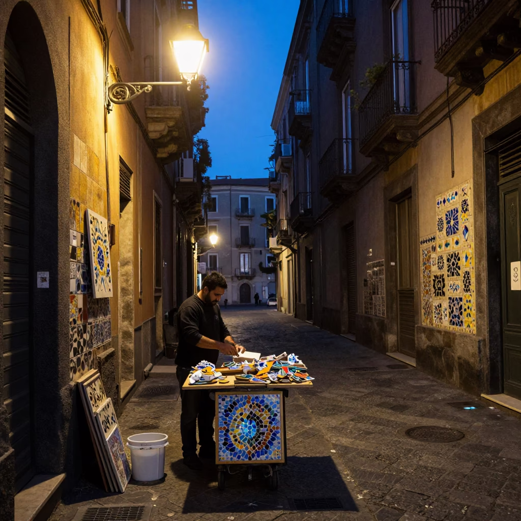 Predawn Naples Street Scene with Colorful Mosaic Tiles and Local Market Activity in in Naples, Italy