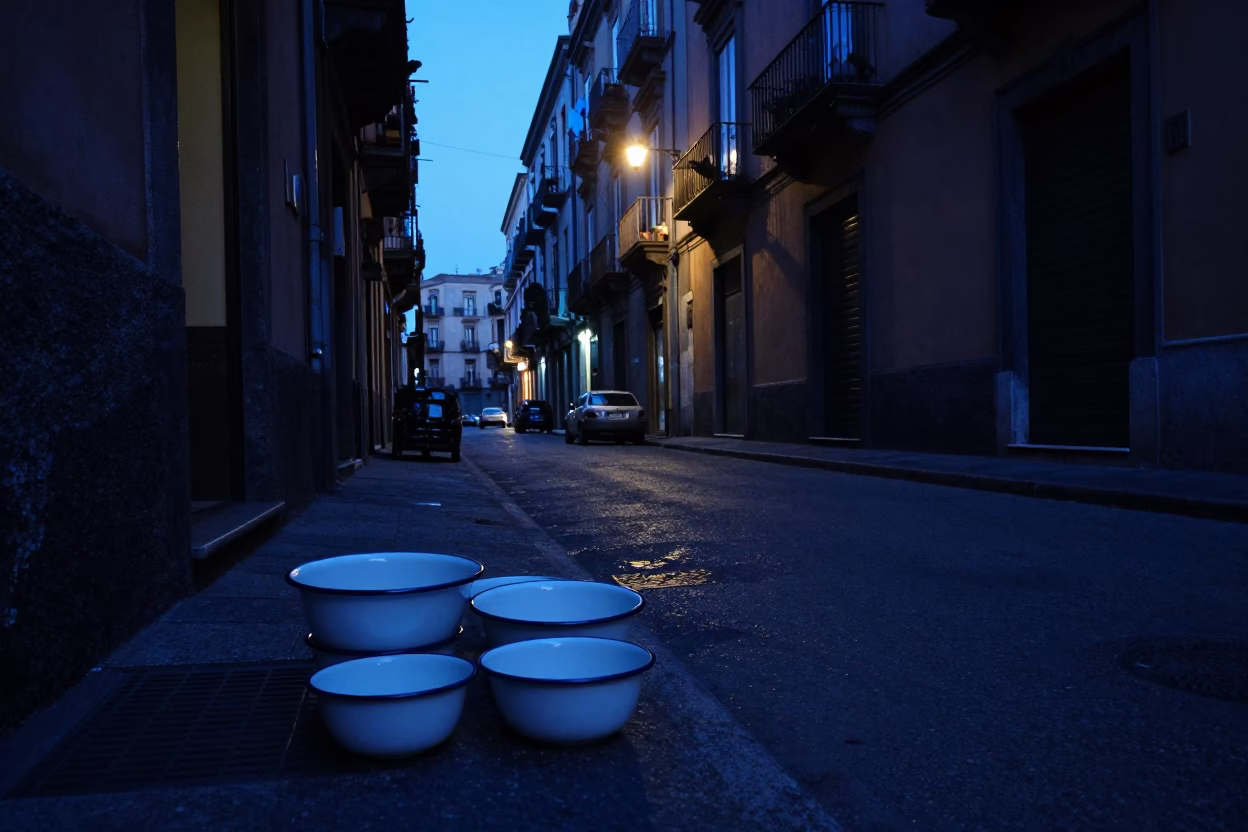 Predawn Naples Street Scene with Enamel Bowls and Local Market Activity in in Naples, Italy