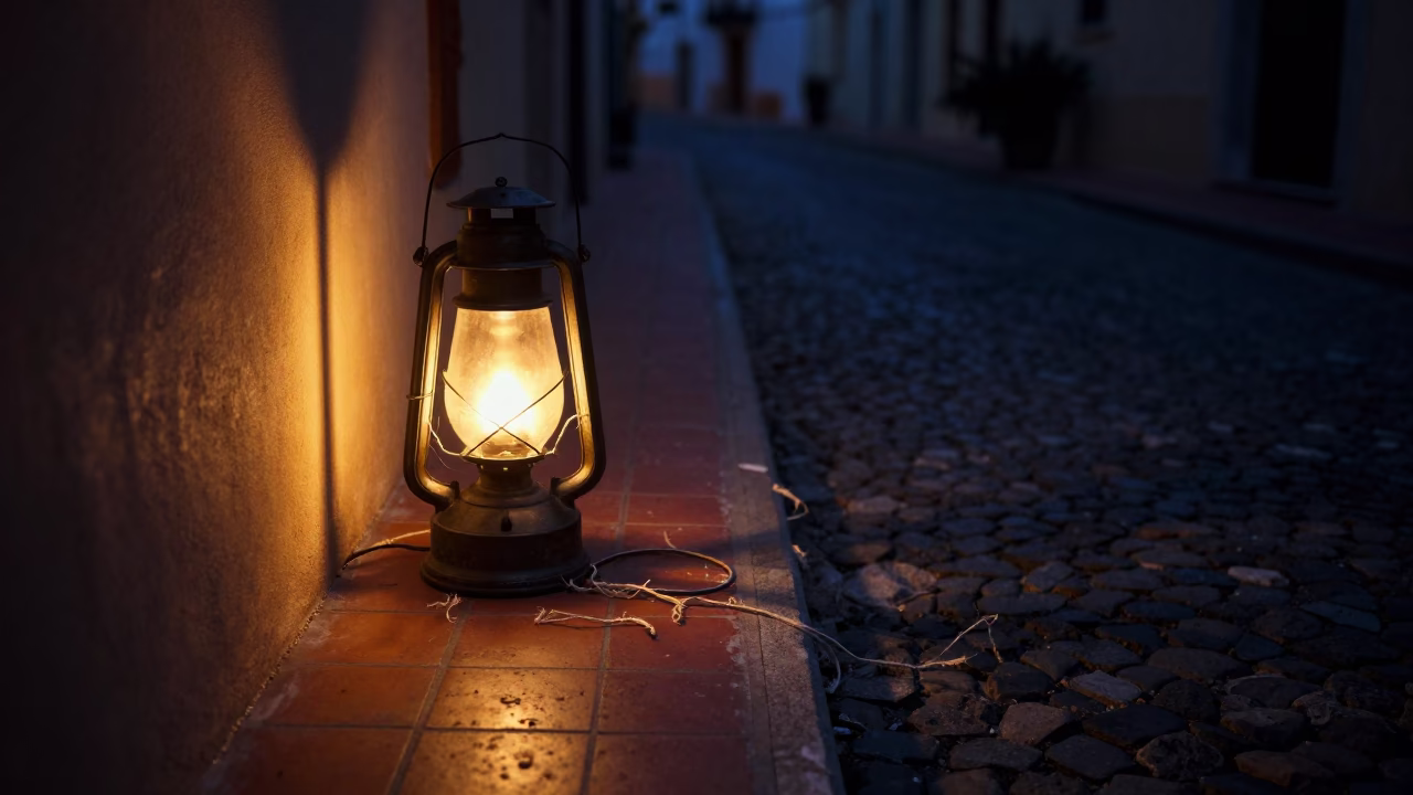 Predawn Naples Street Scene with Hurricane Lamp and Twine Fibers on Tile in in Naples, Italy