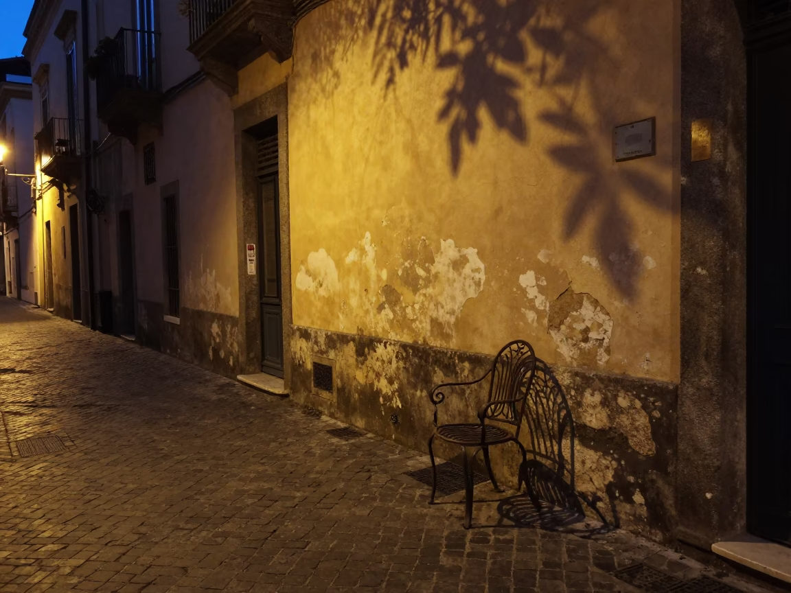 Predawn Naples Street Scene with Leaf Shadows and Local Morning Routine in in Naples, Italy