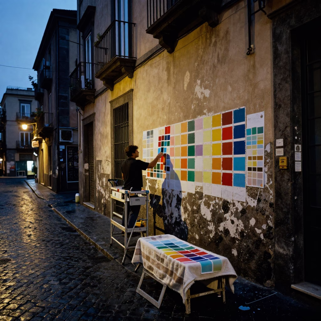 Predawn Naples street scene with muralist swatches and blanket near historic architecture in in Naples, Italy
