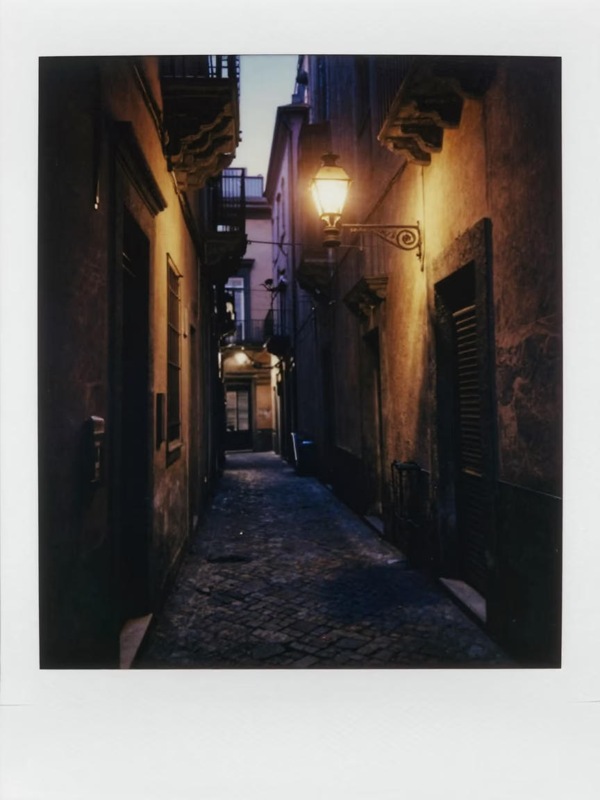 Predawn Naples Street Scene with Oil Lamp and Stone Architecture in in Naples, Italy