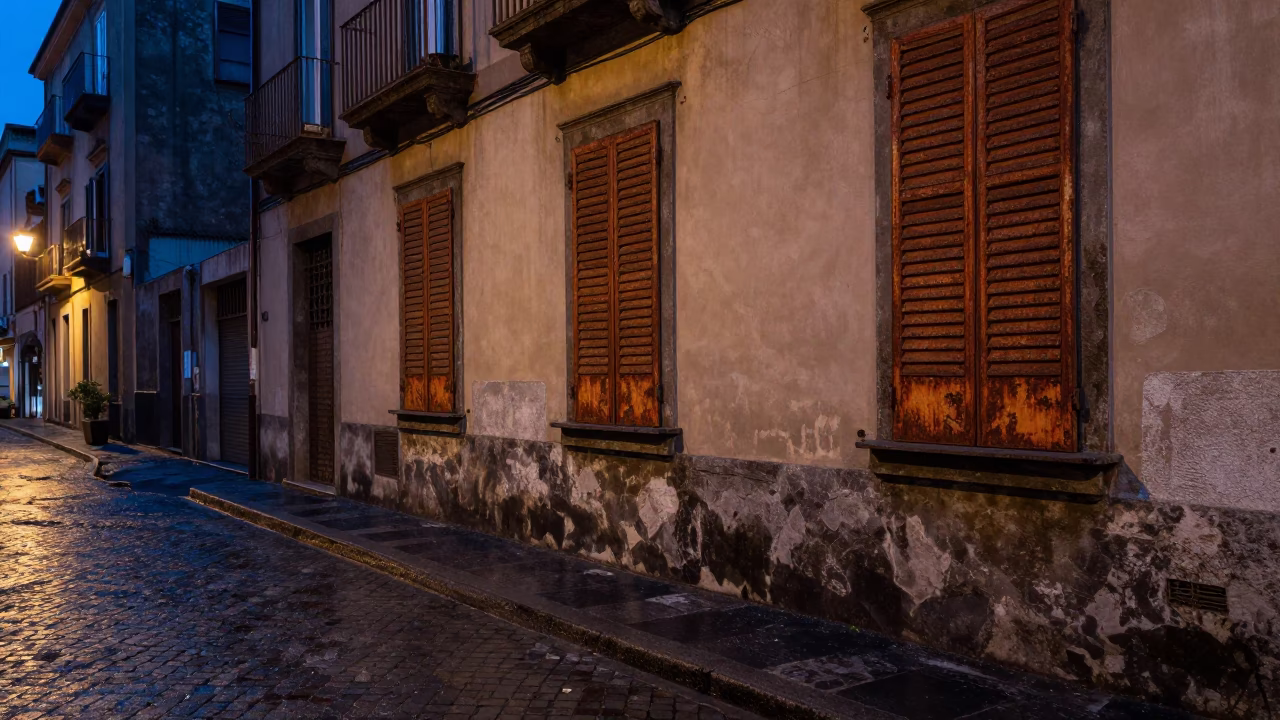 Predawn Naples Street Scene with Rusty Shutters and Damp Cobblestones in in Naples, Italy
