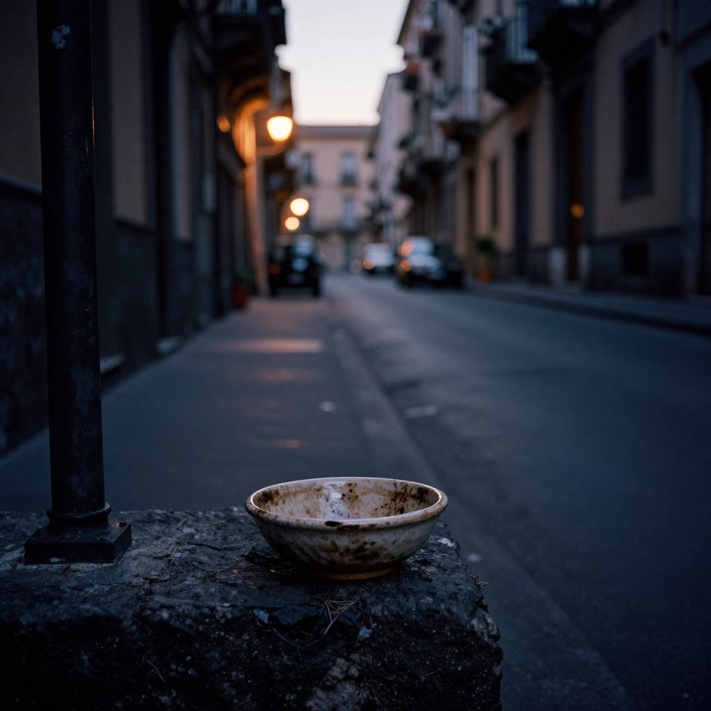 Predawn Naples Street Scene with Smudged Lamp Base and Glass Carafe in in Naples, Italy