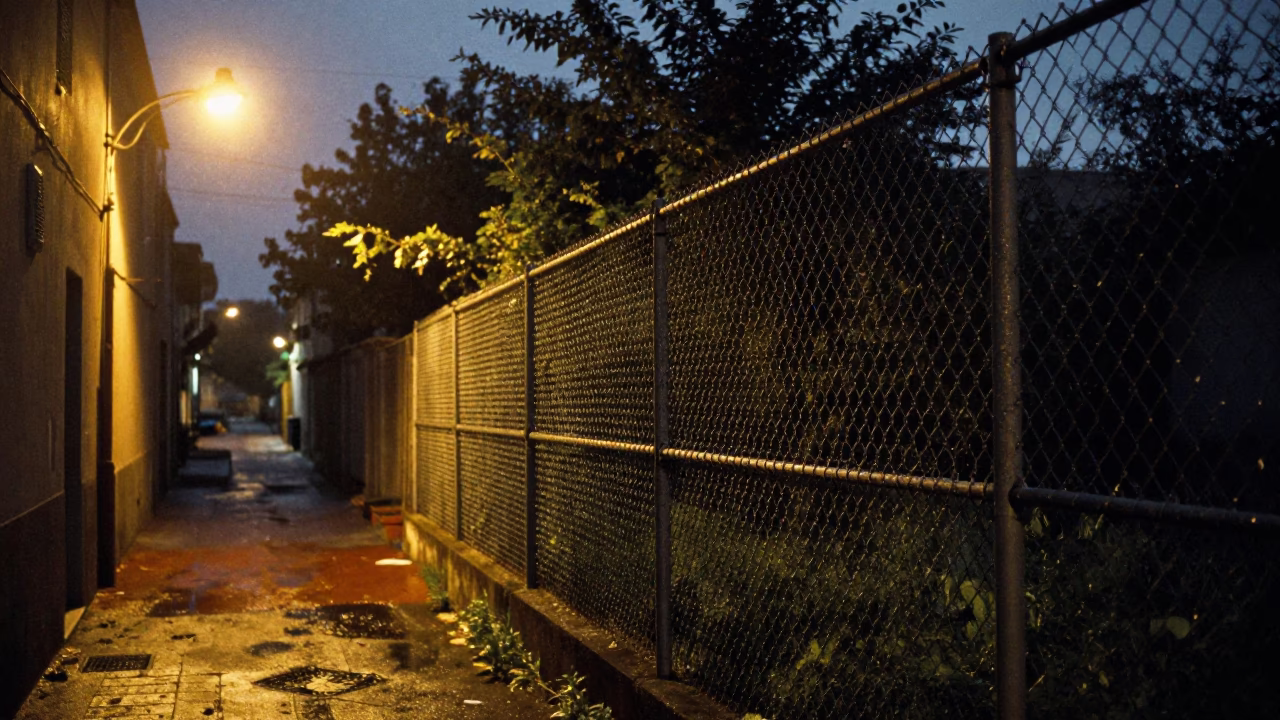 Predawn Naples Street Scene with Substation Fence and Urban Details in in Naples, Italy
