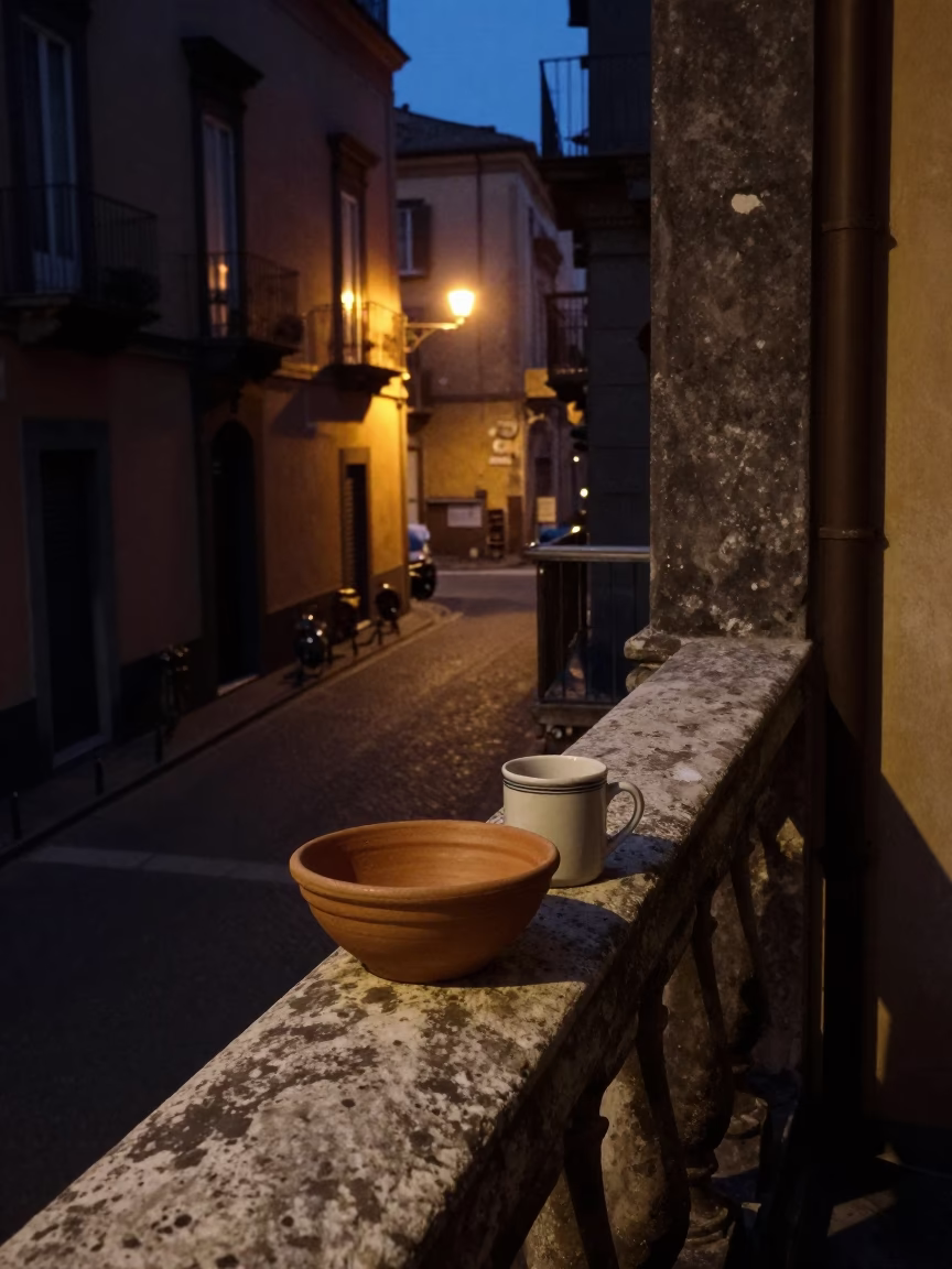 Predawn Naples street scene with terracotta bowl and mug on weathered balcony railing in in Naples, Italy