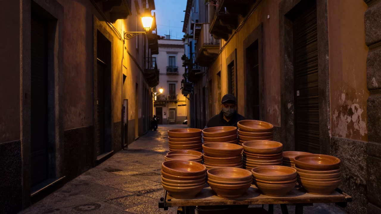 Predawn Naples Street Scene with Terracotta Bowls and Early Morning Activity in in Naples, Italy