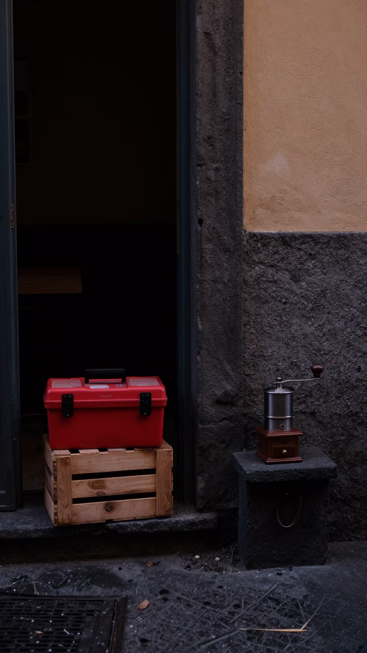 Predawn Naples Street Scene with Toolbox and Coffee Grinder in in Naples, Italy