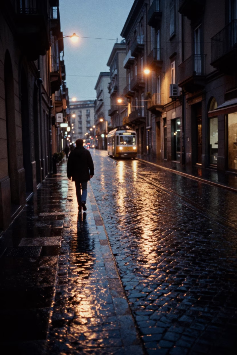 Predawn Naples Street Scene with Tram Reflections and Cobblestone Wetness in in Naples, Italy