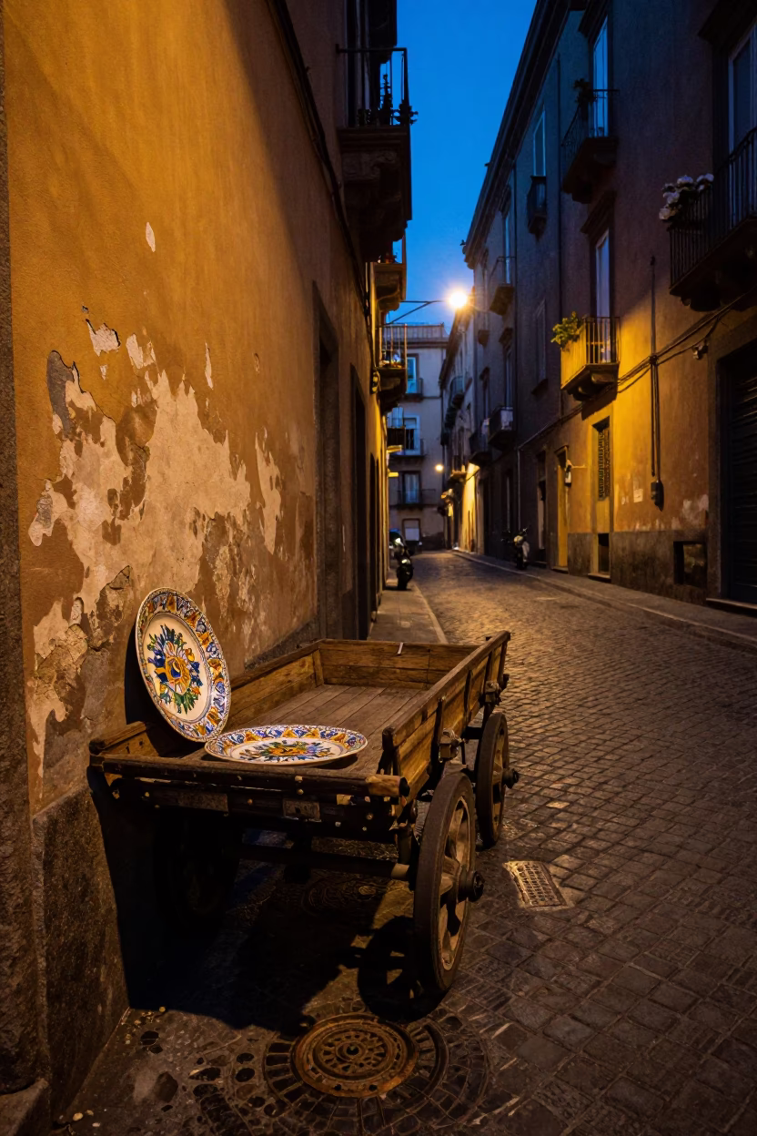 Predawn Naples Street Scene with Vintage Majolica Plate and Norfolk Terrier in in Naples, Italy