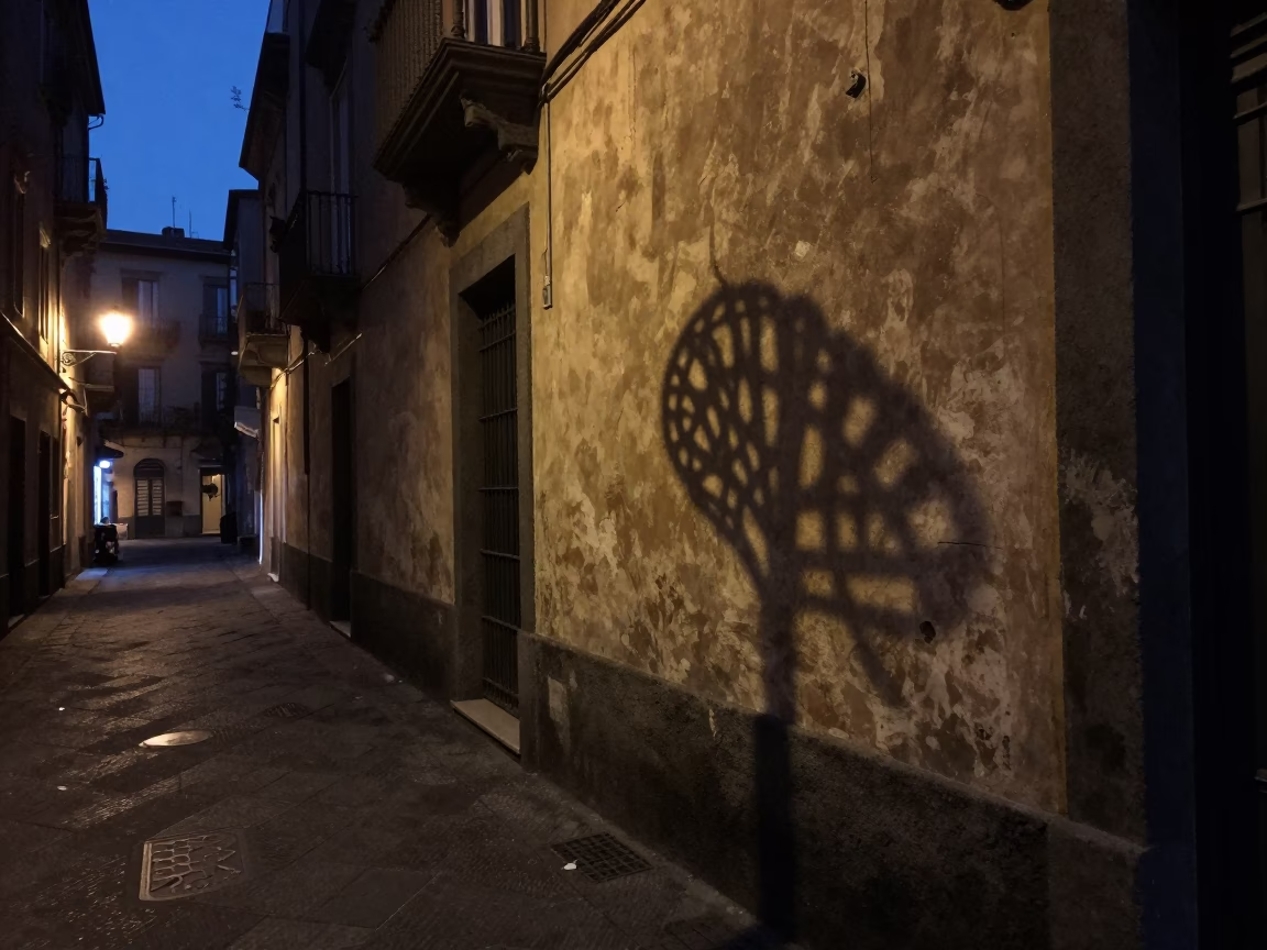 Predawn Naples Street Scene with Wicker Shadow on Plaster Wall in in Naples, Italy
