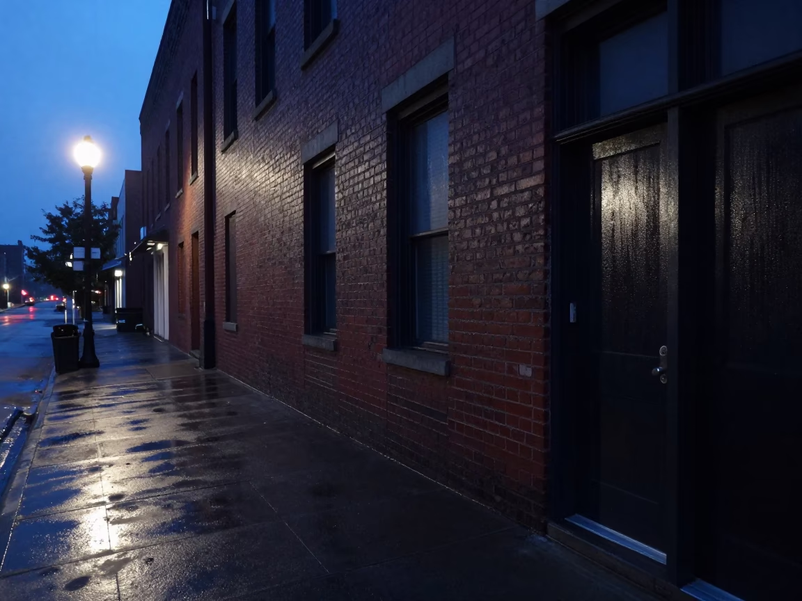 Predawn Nashville Street Corner with Condensation on Doorframe and Urban Stillness in in Nashville, Tennessee, United States