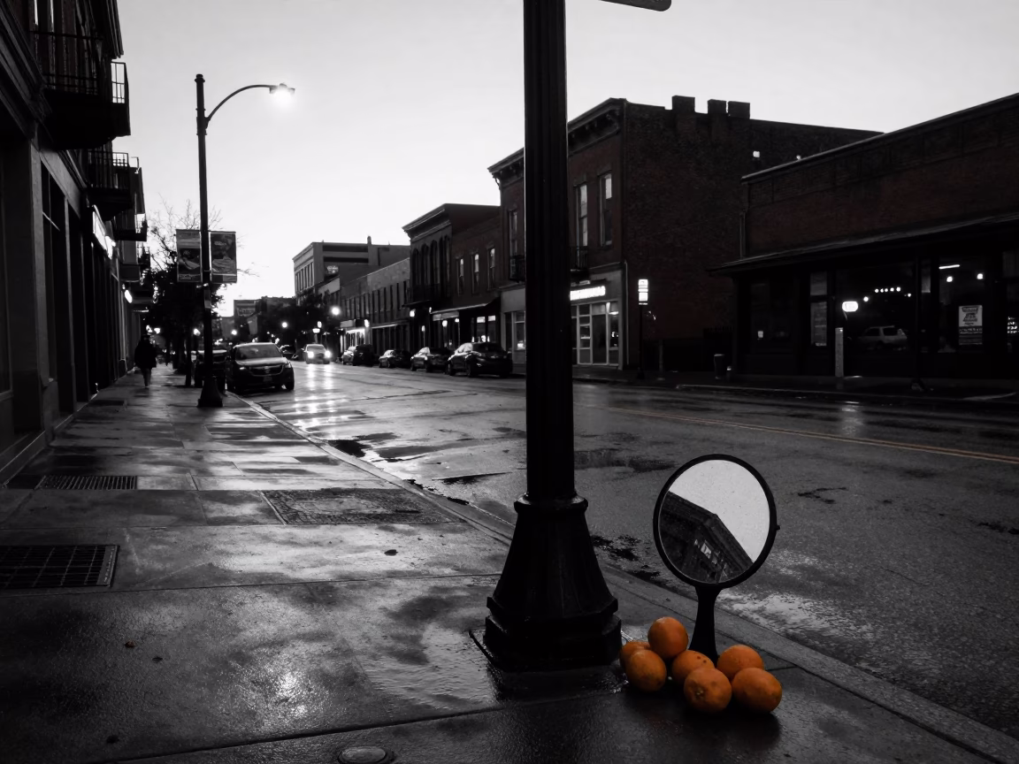 Predawn Nashville Street Corner with Hand Mirror and Oranges in in Nashville, Tennessee, United States