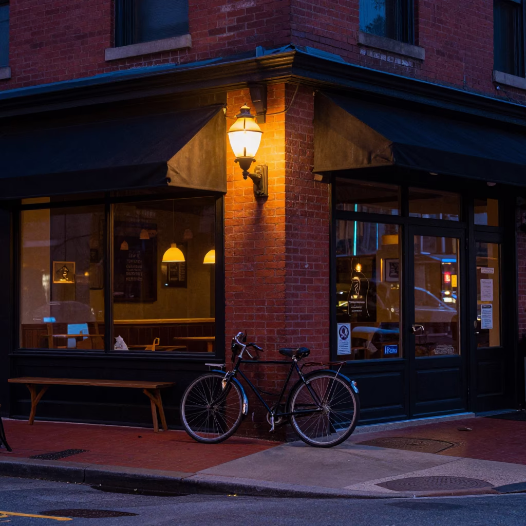 Predawn Nashville Street Corner with Vintage Bicycle and Cafe in in Nashville, Tennessee, United States