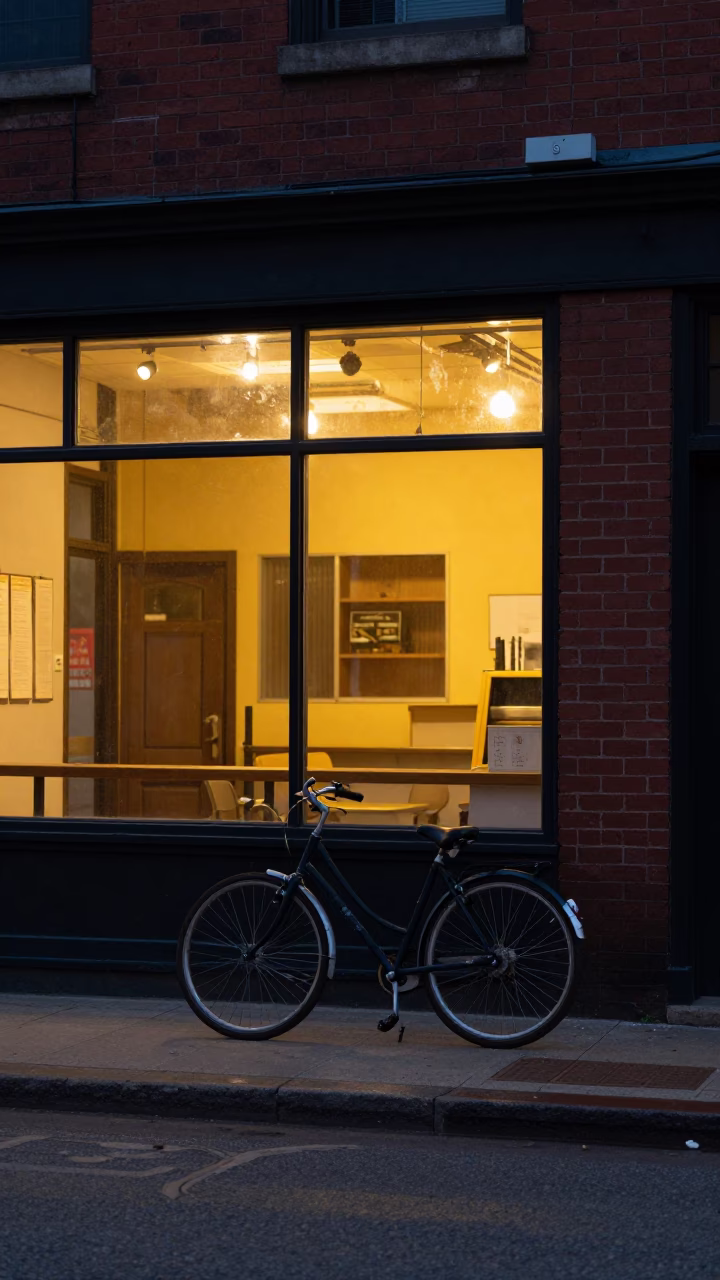 Predawn Nashville Street Scene with Bicycle Propped Against Bakery in in Nashville, Tennessee, United States