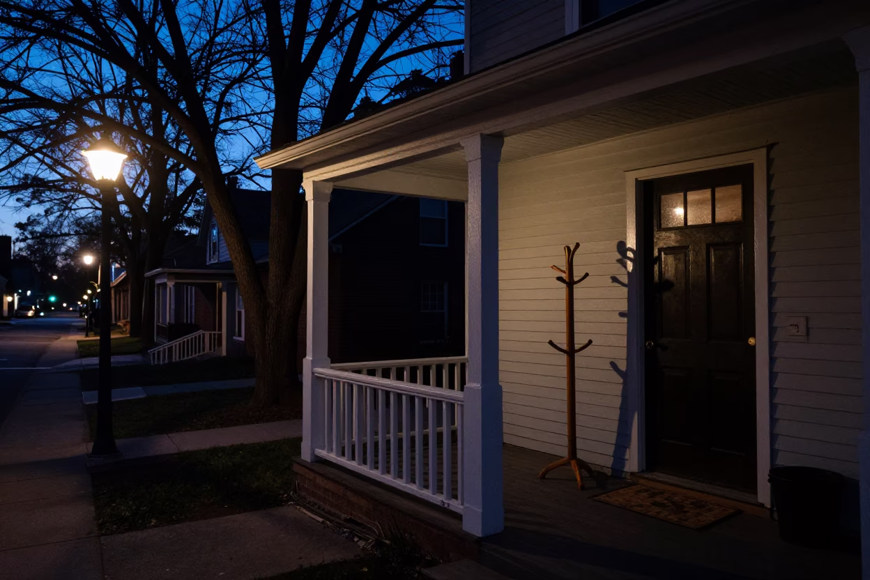 Predawn Nashville Street Scene with Coat Stand and Glass Carafe on Porch in in Nashville, Tennessee, United States