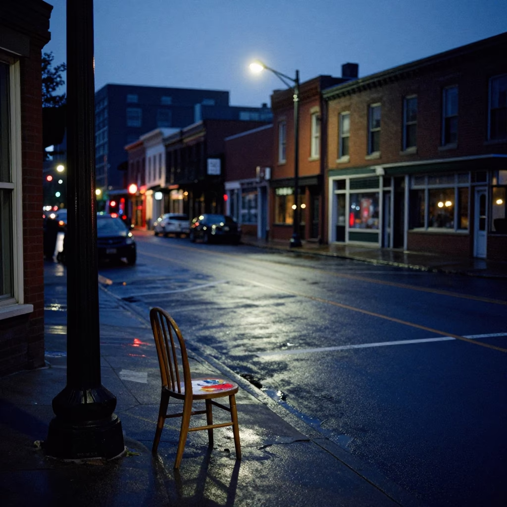 Predawn Nashville Street Scene with Ladder-Back Chair and Paint Flecks in in Nashville, Tennessee, United States