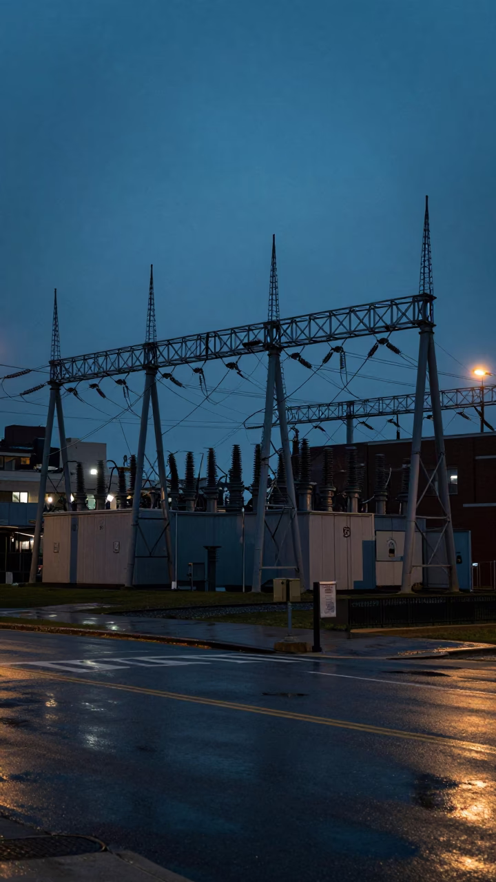 Predawn Nashville Street Scene with Power Substation and Urban Infrastructure in Tennessee in in Nashville, Tennessee, United States
