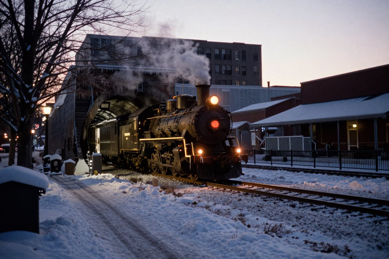 Predawn Nashville Street Scene with Steam Train and Snow Tunnel Portal in in Nashville, Tennessee, United States
