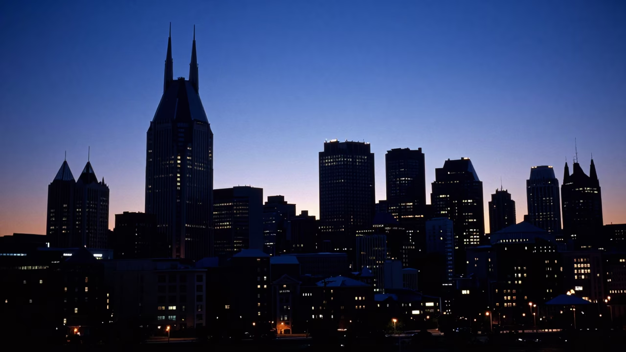 Predawn Nashville Tennessee Skyline Silhouette Against Dark Morning Sky in in Nashville, Tennessee, United States