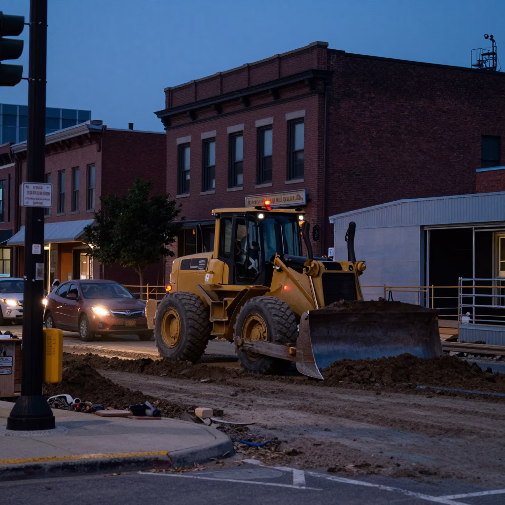 Predawn Nashville Tennessee Street Scene with Construction Activity and Urban Details in in Nashville, Tennessee, United States