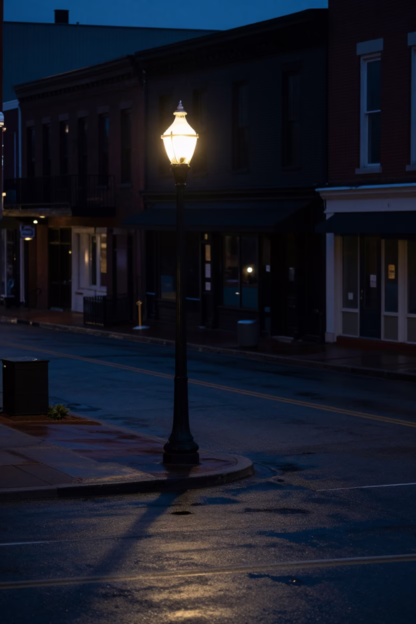 Predawn Nashville Tennessee Street Scene with Vintage Streetlamp and Empty Sidewalk in in Nashville, Tennessee, United States