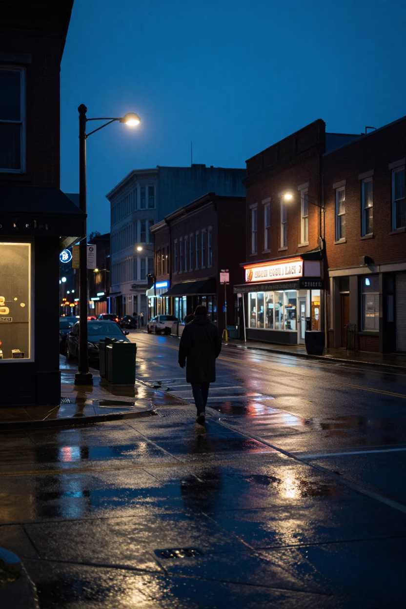 Predawn Nashville Tennessee Street Scene with Wet Asphalt and Neon Reflections in in Nashville, Tennessee, United States