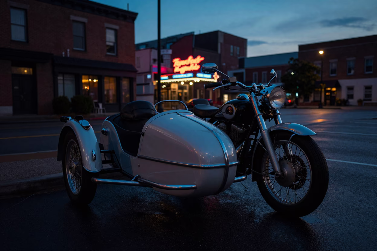 Predawn Nashville Tennessee Vintage Motorcycle with Sidecar Parked Outside Neon Sign in in Nashville, Tennessee, United States