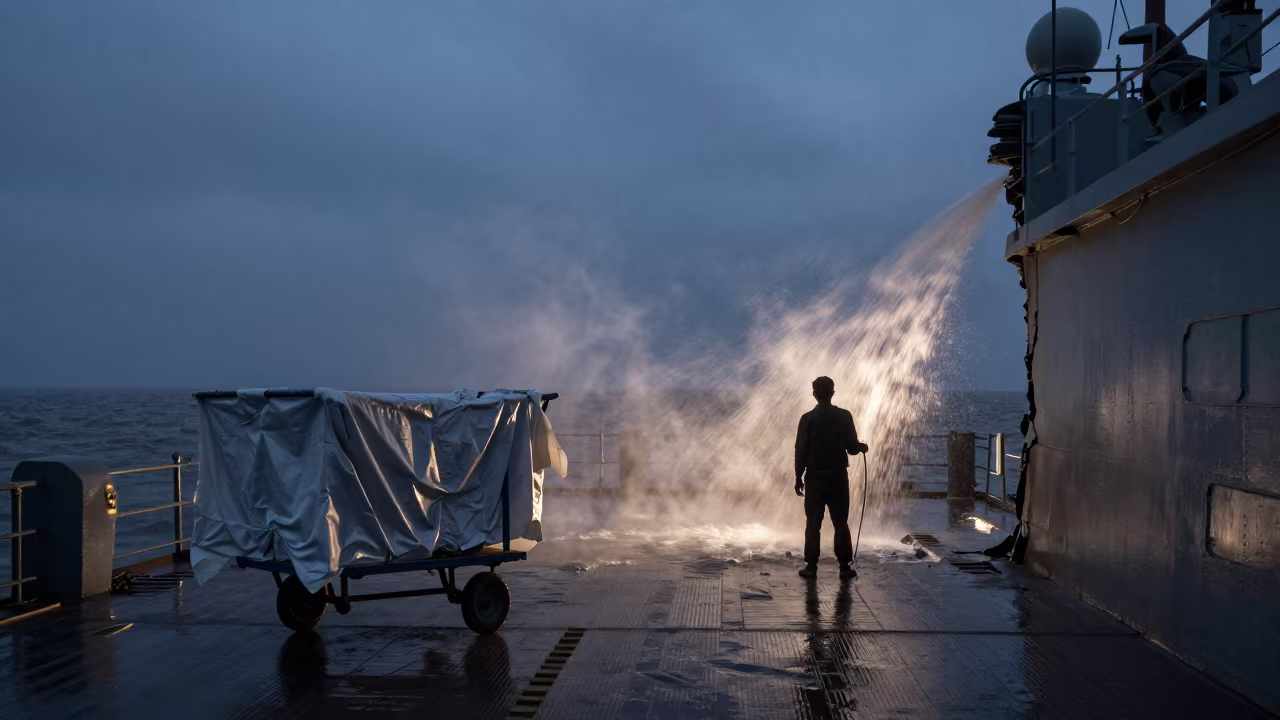 Predawn Naval Deck Surreal Laundry Cart Waterfall in on a naval deck in rough wind in Junagadh