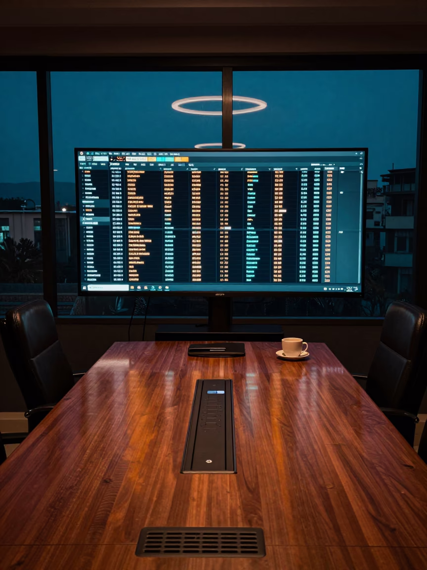 Predawn Neon Call Queue Dashboard in Asmara Boardroom in at a boardroom table before a meeting in Asmara