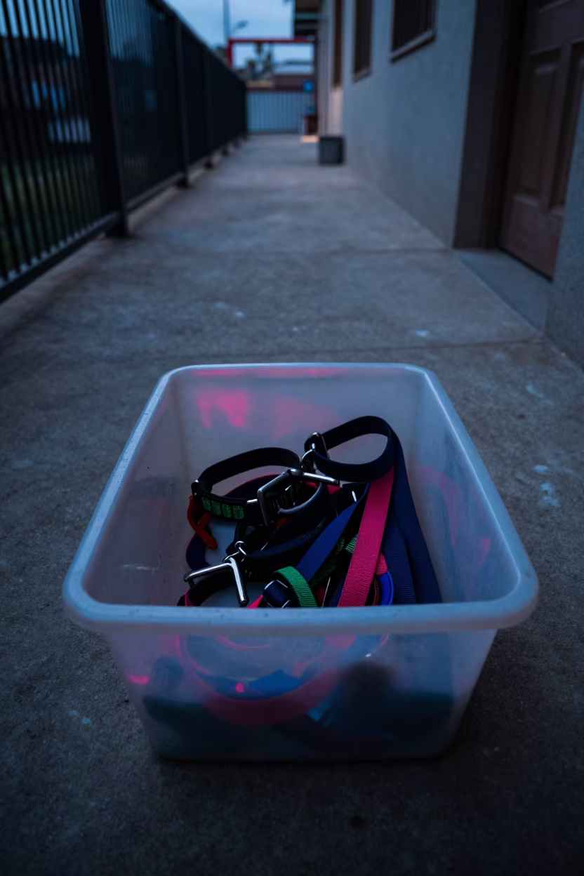 Predawn Neon Collar Bin Thimphu Kennel in in a boarding kennel corridor near Thimphu