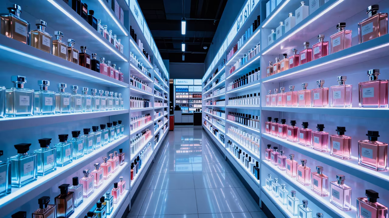 Predawn Neon Fragrance Cabinet Reset Nanning in inside a bright retail aisle in Nanning