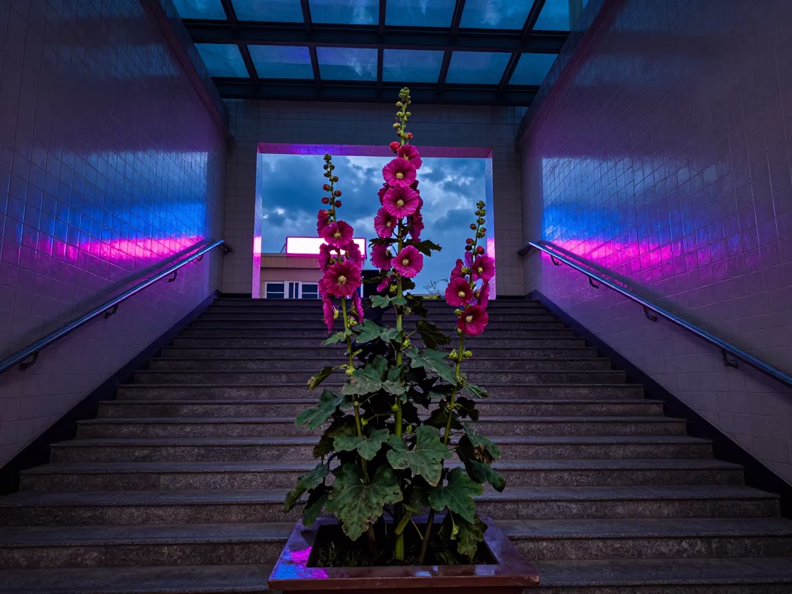 Predawn Neon Hollyhocks in Anyang Hall in inside a tiled stair hall near Anyang