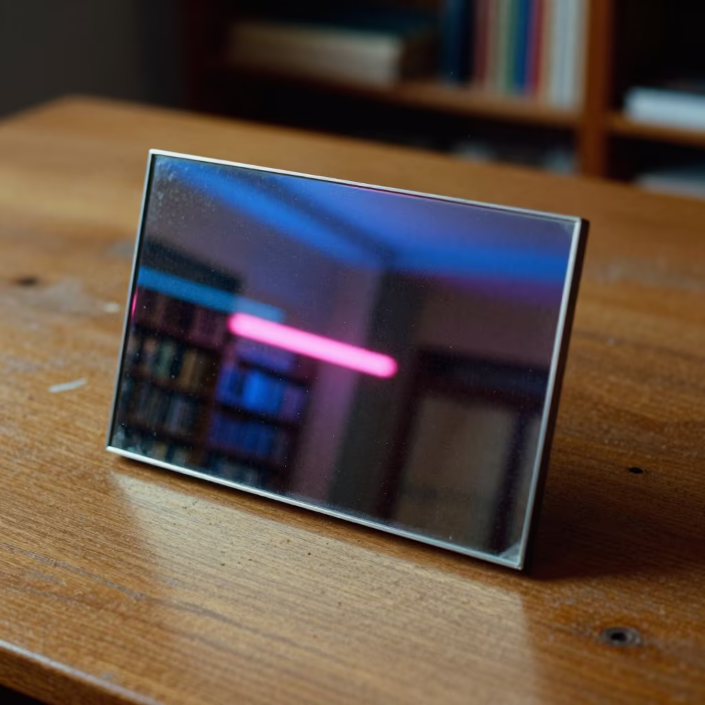 Predawn Neon Reflection in Toluca Library Mirror in on a dusty library table in Toluca de Lerdo