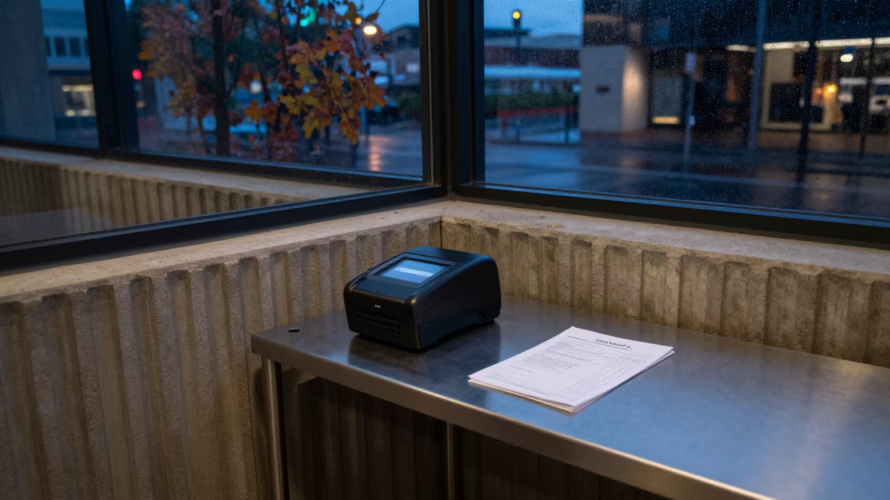 Predawn Neon Reflections on Concrete Lobby Scanner in inside a ribbed concrete lobby in Fremantle