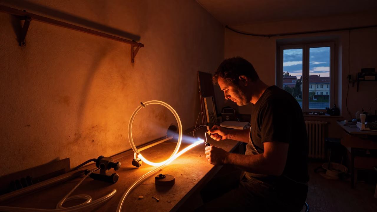 Predawn Neon Sign Maker Bending Glass Tubes with Flame in Budapest Hungary in in Budapest, Hungary
