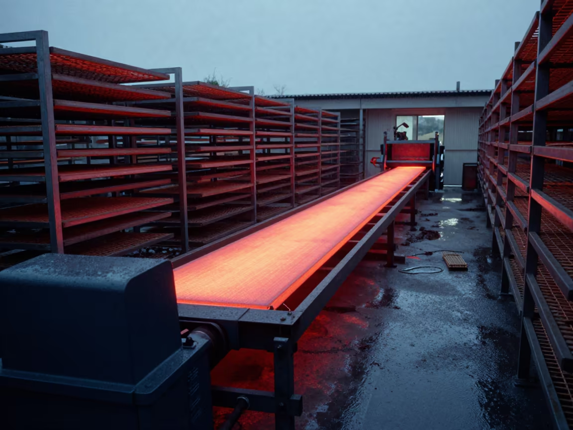Predawn Neon Steel Mill in Provence Drying Room in inside a leaf-drying room lined with mesh trays in Provence