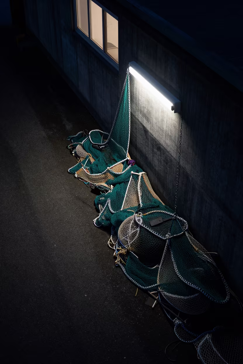 Predawn Net Shadows on Oregon Harbor Wall in in Oregon